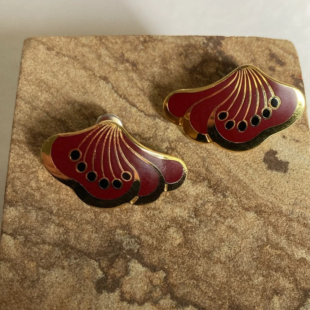 Laurel Burch LE FLEUR Studs Deep Red Black and Gold Tone - Picture 2 of 11